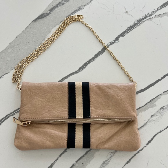 Fold-over Clutch or Shoulder Chain Handbag- color tan/black - Picture 1 of 6